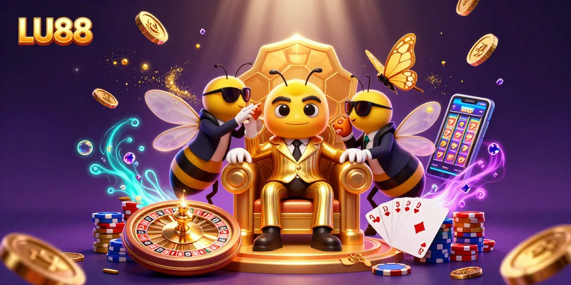 LU88 depicts a vibrant casino scene featuring a mob boss and a butterfly whispering secrets while surrounded by game elements.