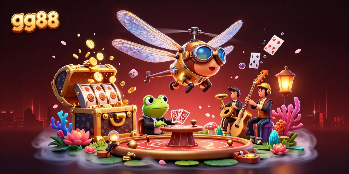 Experience thrilling action at gg88 with a lively casino scene led by a dragonfly pilot and a frog croupier.