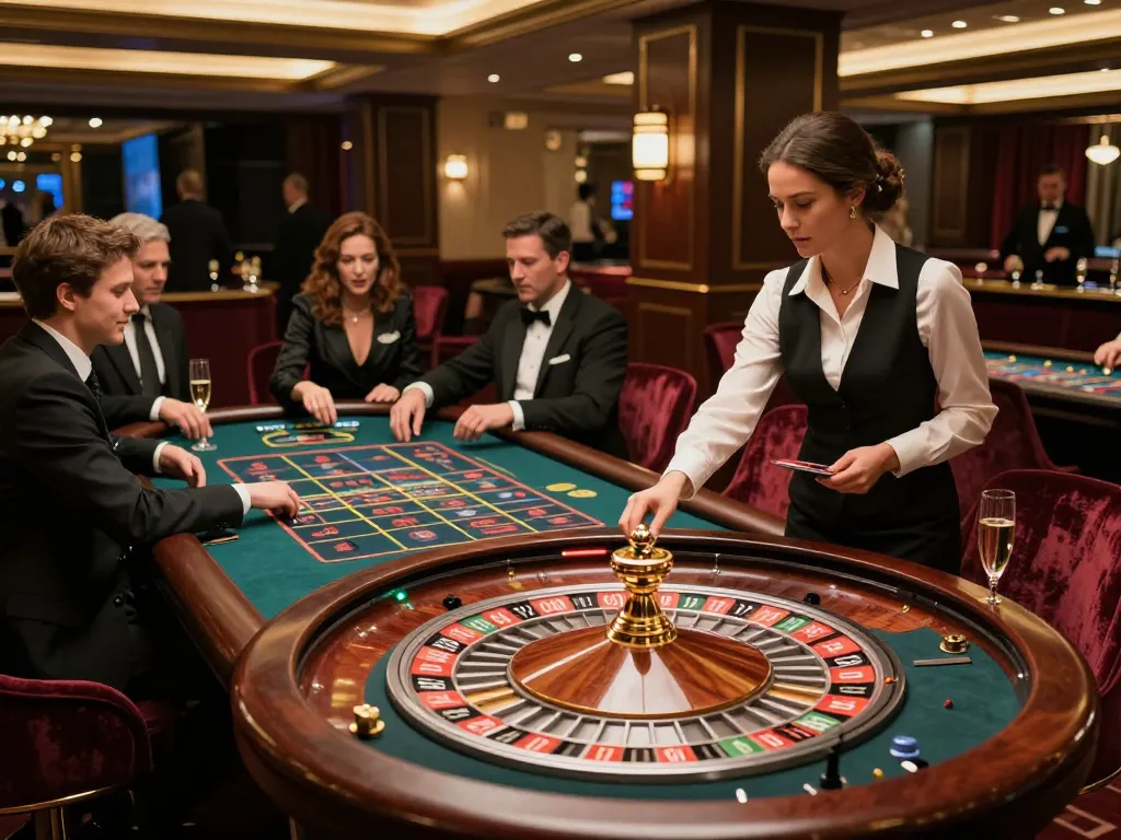 Players engaging in strategic betting at a luxury casino roulette table on keonhacai.