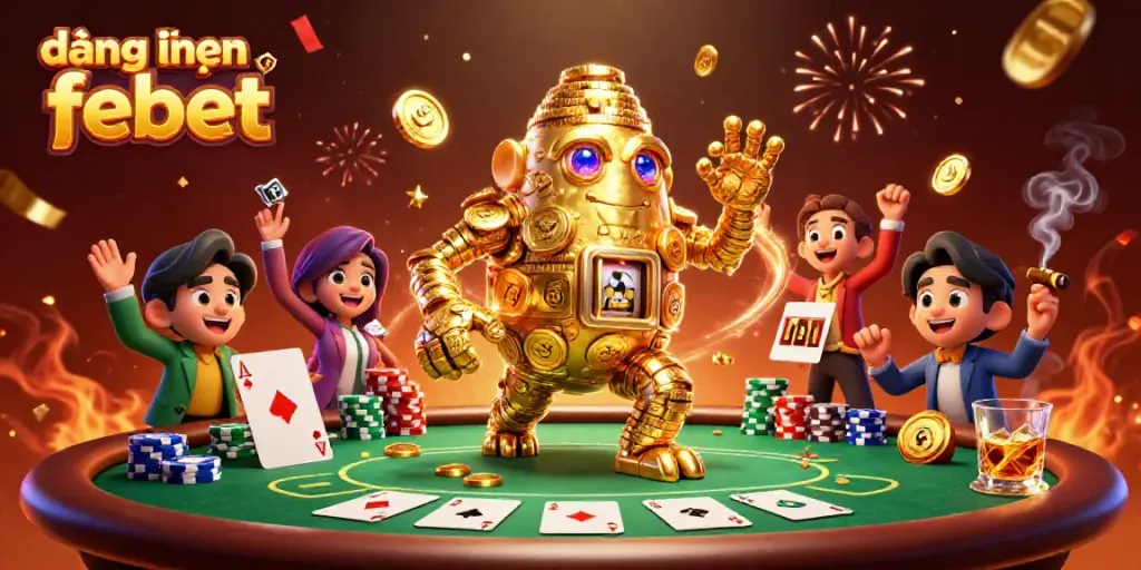 Experience the thrill of đăng nhập febet with a magical 3D casino scene featuring gold golems, poker elements, and vibrant fireworks.