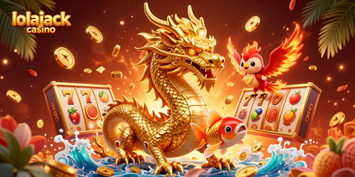 Experience the thrill of lolajack casino with a vibrant 3D illustration of a dragon and lucky symbols.