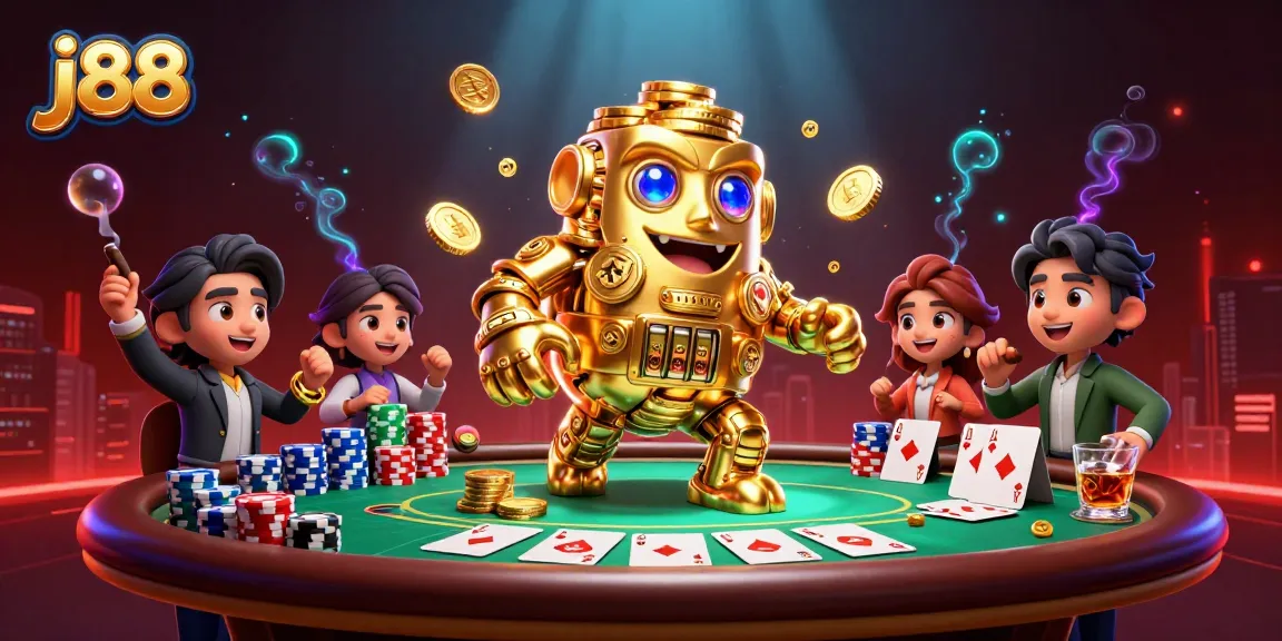 Engage with j88 featuring dynamic poker elements and a golden golem in a vibrant casino scene.