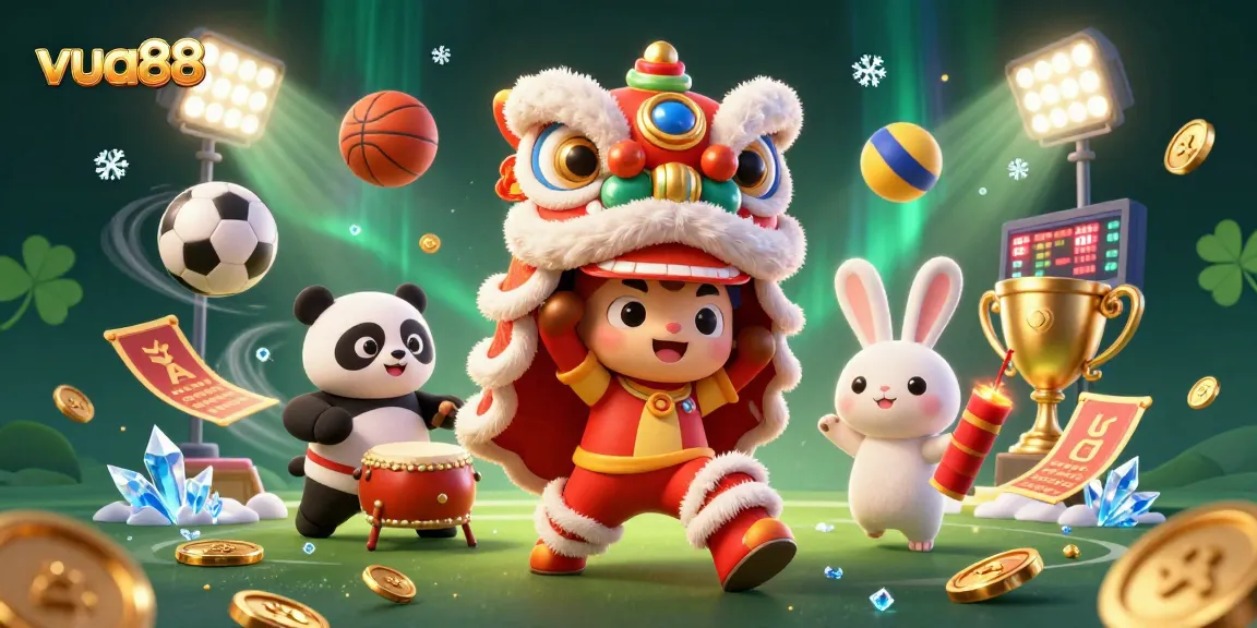 Experience the vibrant action of vua88 featuring a lion dance amidst dynamic sports elements.