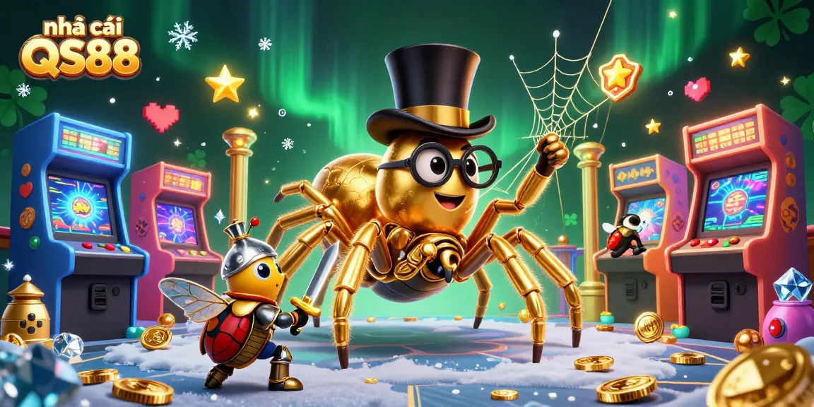 Experience thrilling fun with nhà cái QS88 as a golden tarantula and brave beetle knight explore a vibrant casino world.