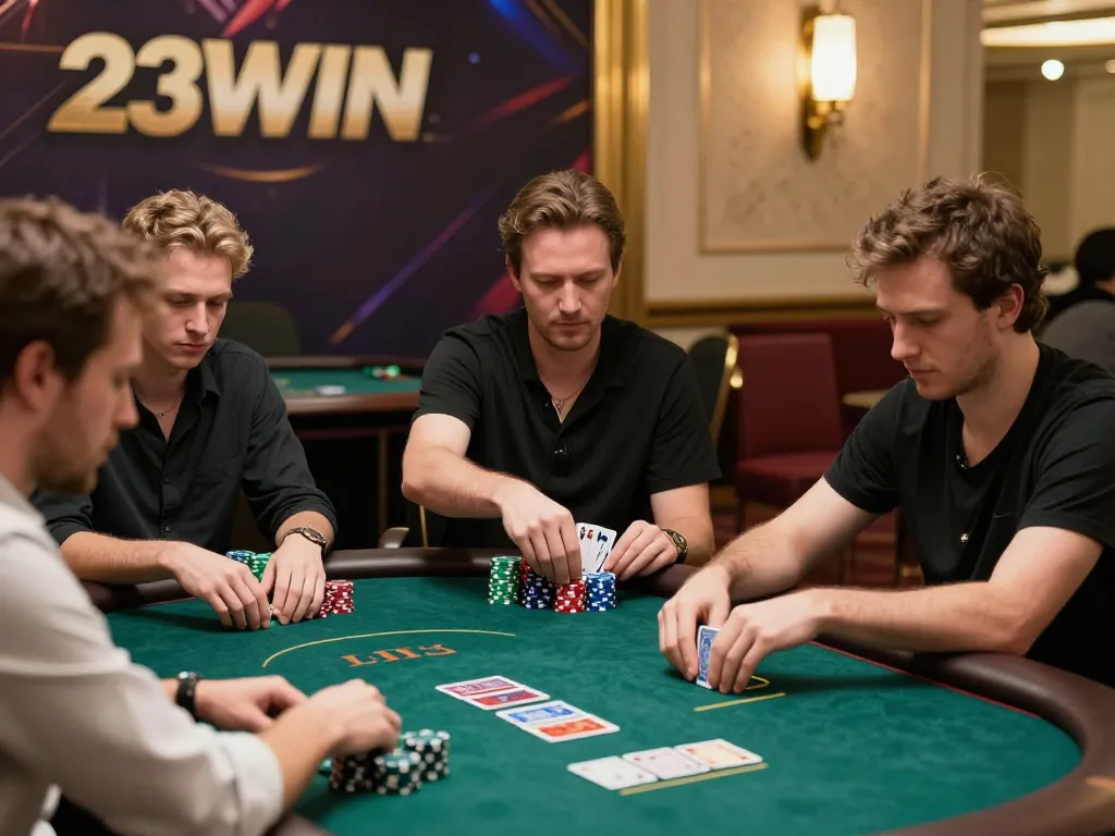Players strategizing their bets during a thrilling poker game at 23WIN online casino.