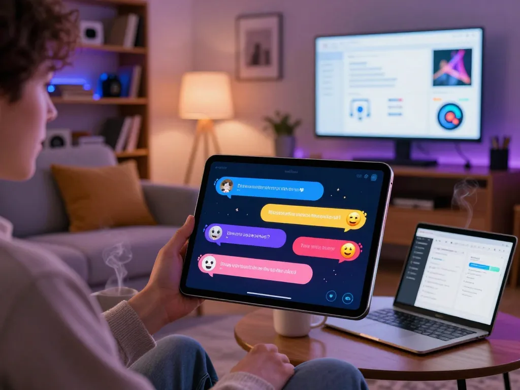 Engaging with spicy chat AI on a tablet in a cozy tech setup, showcasing colorful interactions.