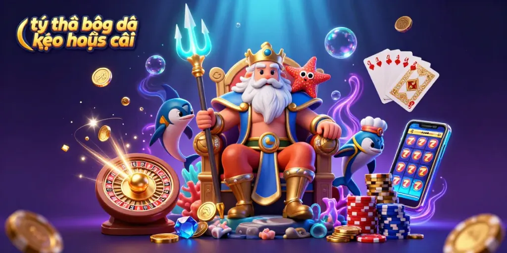 Place bets using tỷ lệ bóng đá kèo nhà cái surrounded by vibrant casino elements and characters.