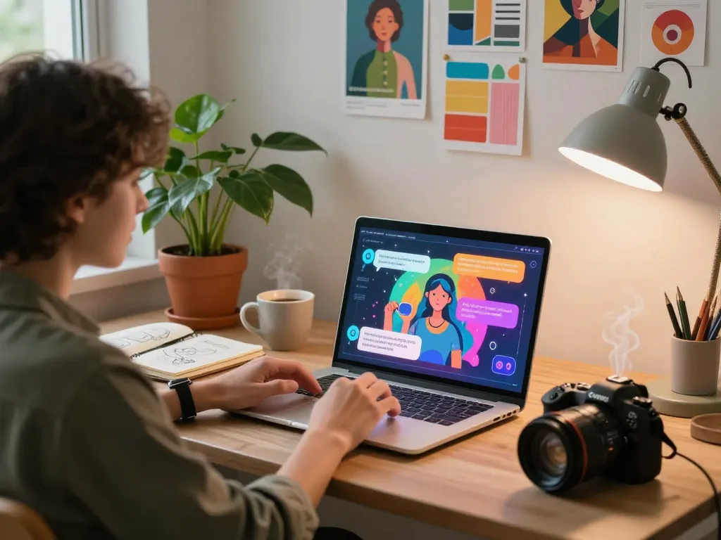 Engaging user interacting with juicy ai chatbot in a cozy workspace showcasing vibrant AI-generated images.