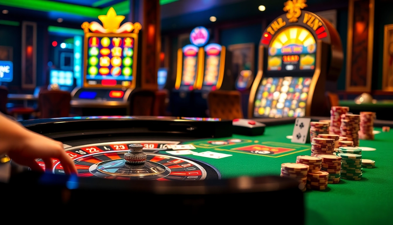 Experience excitement at 33WIN's vibrant casino scene with roulette and poker chips.
