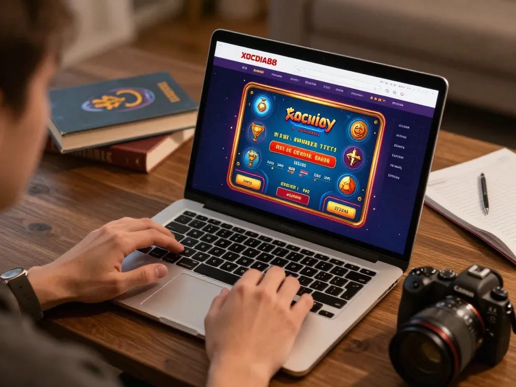 Xocdia88 online gaming experience at home with a laptop, encouraging strategic betting.