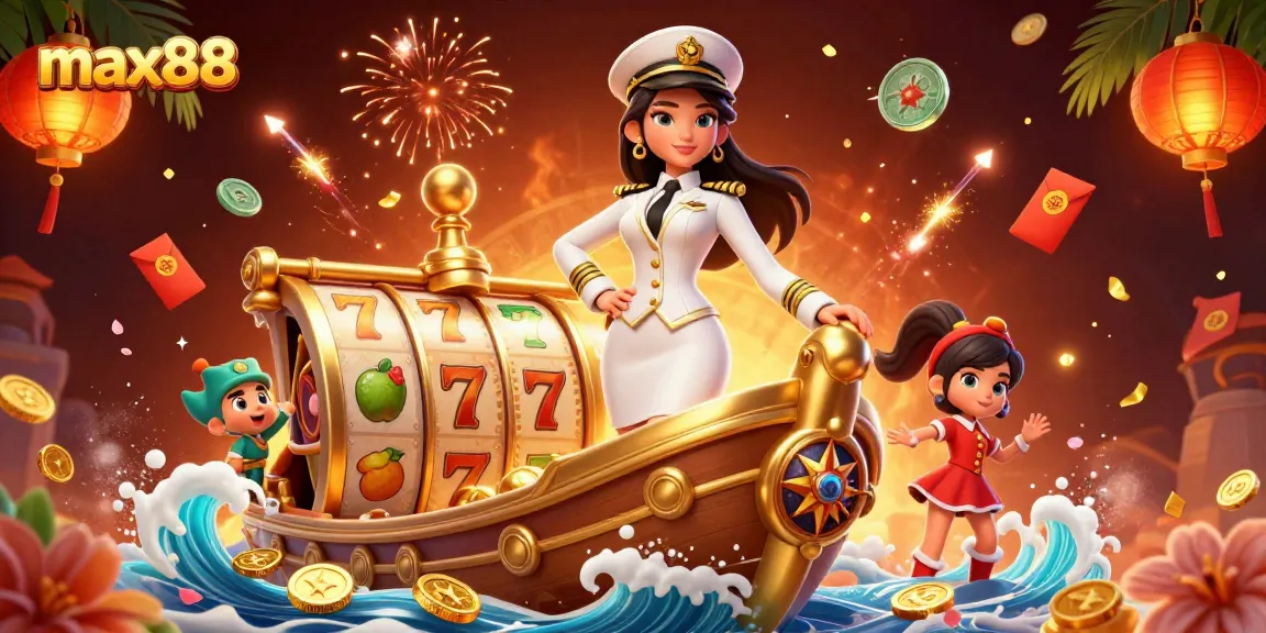 Experience the thrilling world of max88 with the glamorous Asian casino scene filled with slot reels and festive elements.