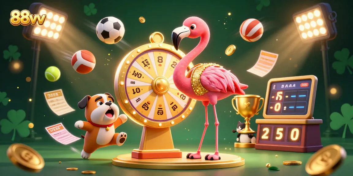 Engage in thrilling gaming action with 88vv's exciting prize wheel, vibrant sports elements, and dynamic characters.