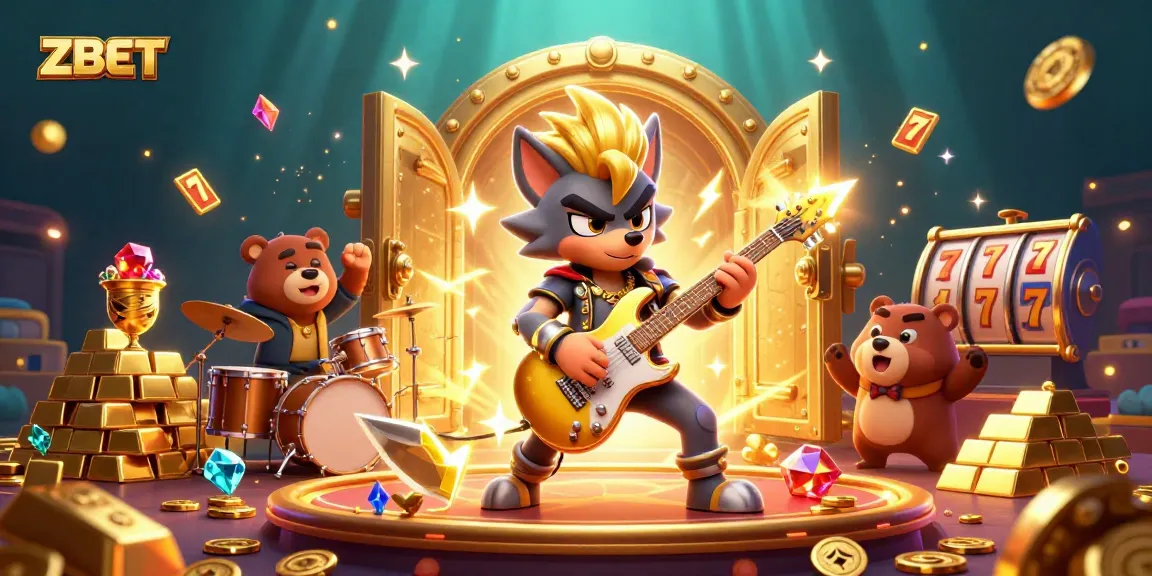 ZBET offers thrilling slot experiences with a vibrant 3D casino scene featuring a rock star wolf.
