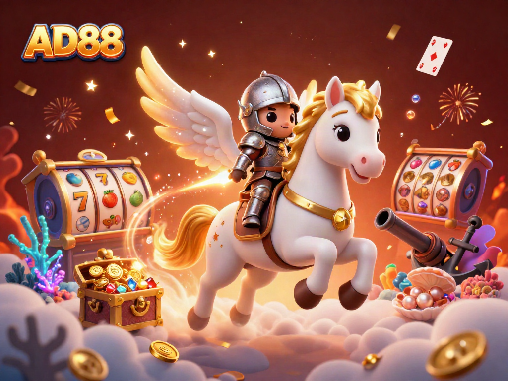 Engage with AD88's thrilling casino adventure featuring a celestial horse, knight, and vibrant gaming elements.