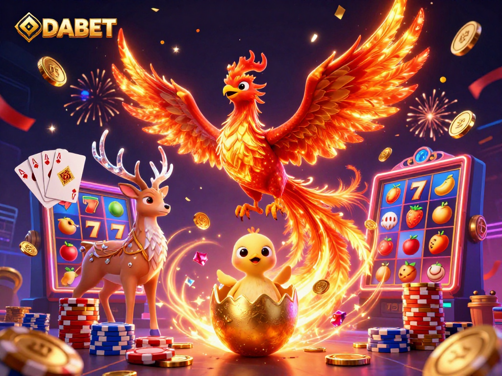 DABET slots feature vibrant phoenix illustration celebrating wins with golden coins and jackpots