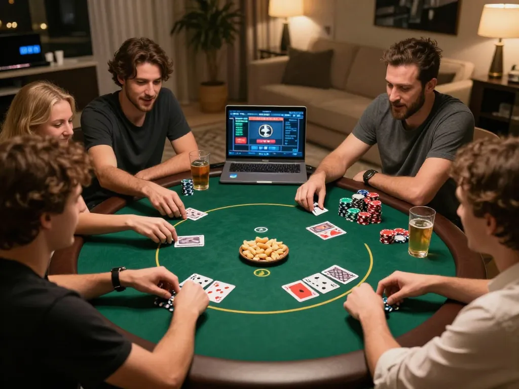 SC88 poker night where friends engage in competitive gameplay, showcasing strategy and excitement at home