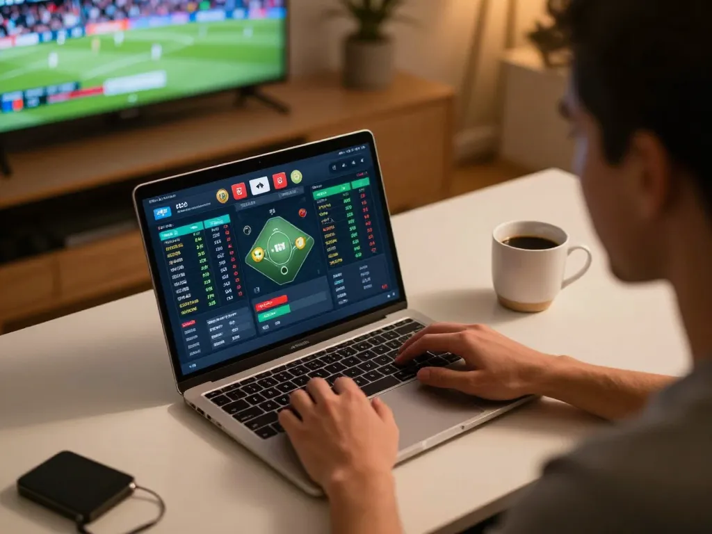 Placing bets on Link nhà cái Sky88's online sports interface during an exciting game.