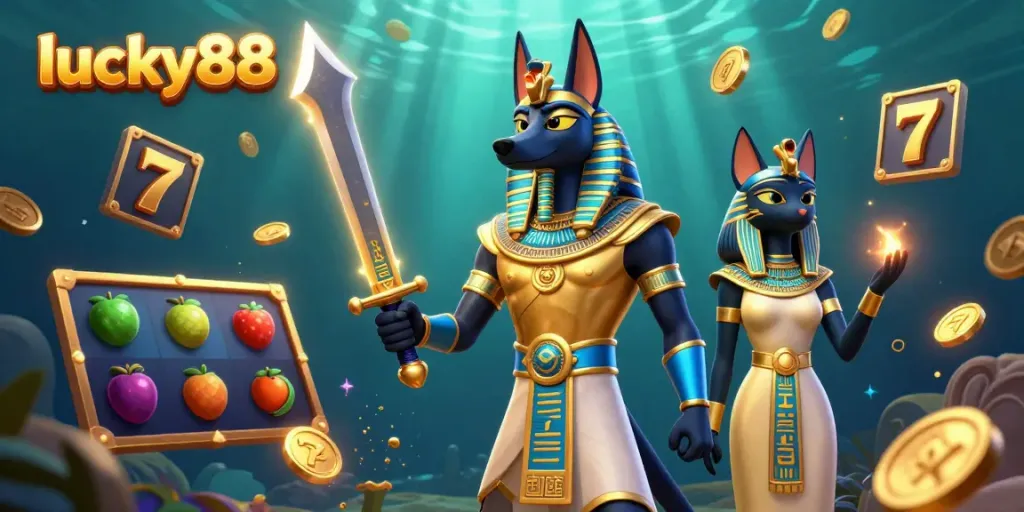 Experience thrilling gaming action with lucky88 featuring an ancient Egyptian warrior and lucky symbols.