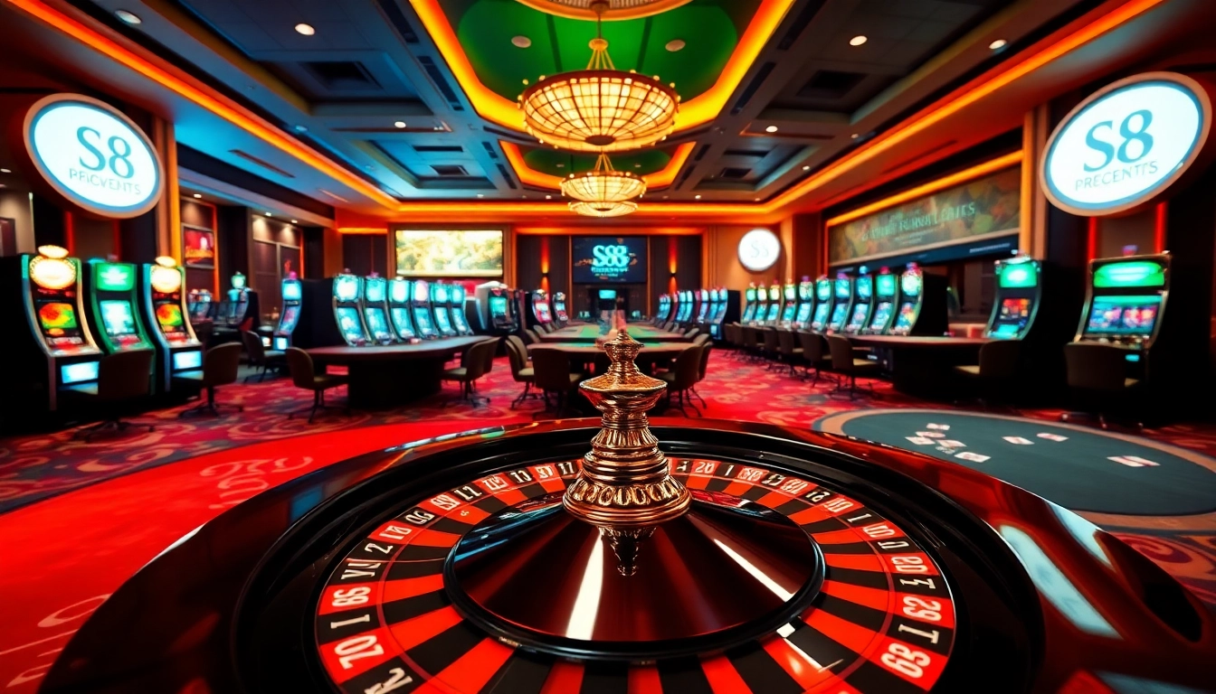S8 casino gaming experience featuring roulette, poker tables, and vibrant slot machines.