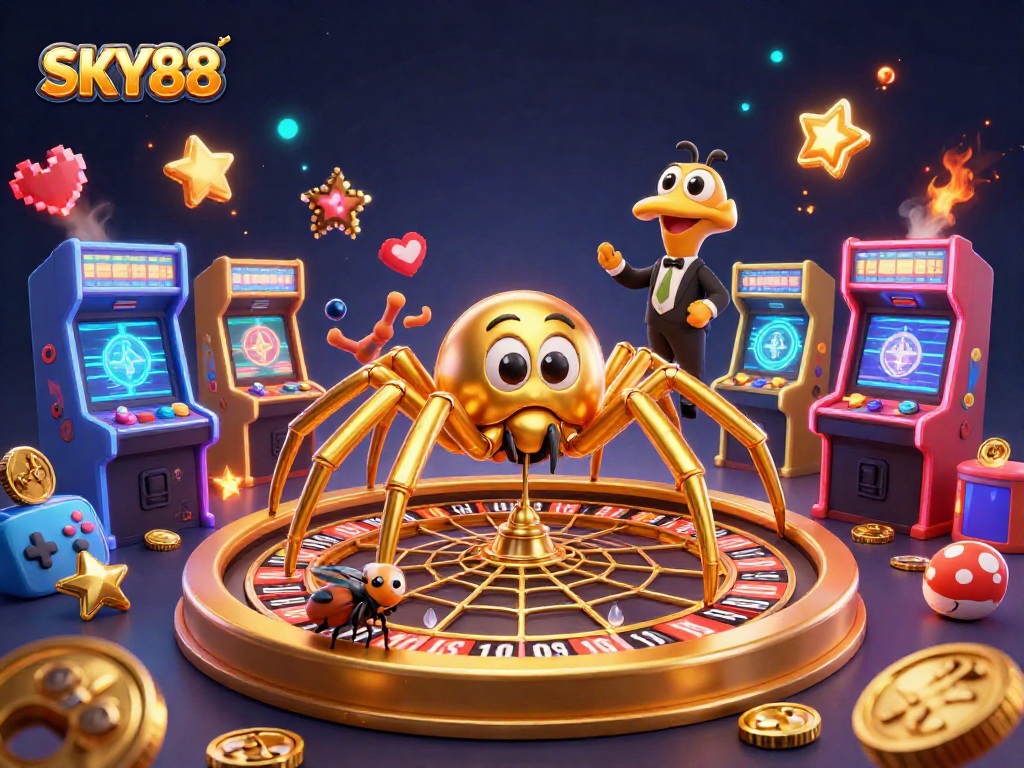 Engaging illustration of the SKY88 golden spider and centipede croupier in a vibrant casino setting, capturing excitement.