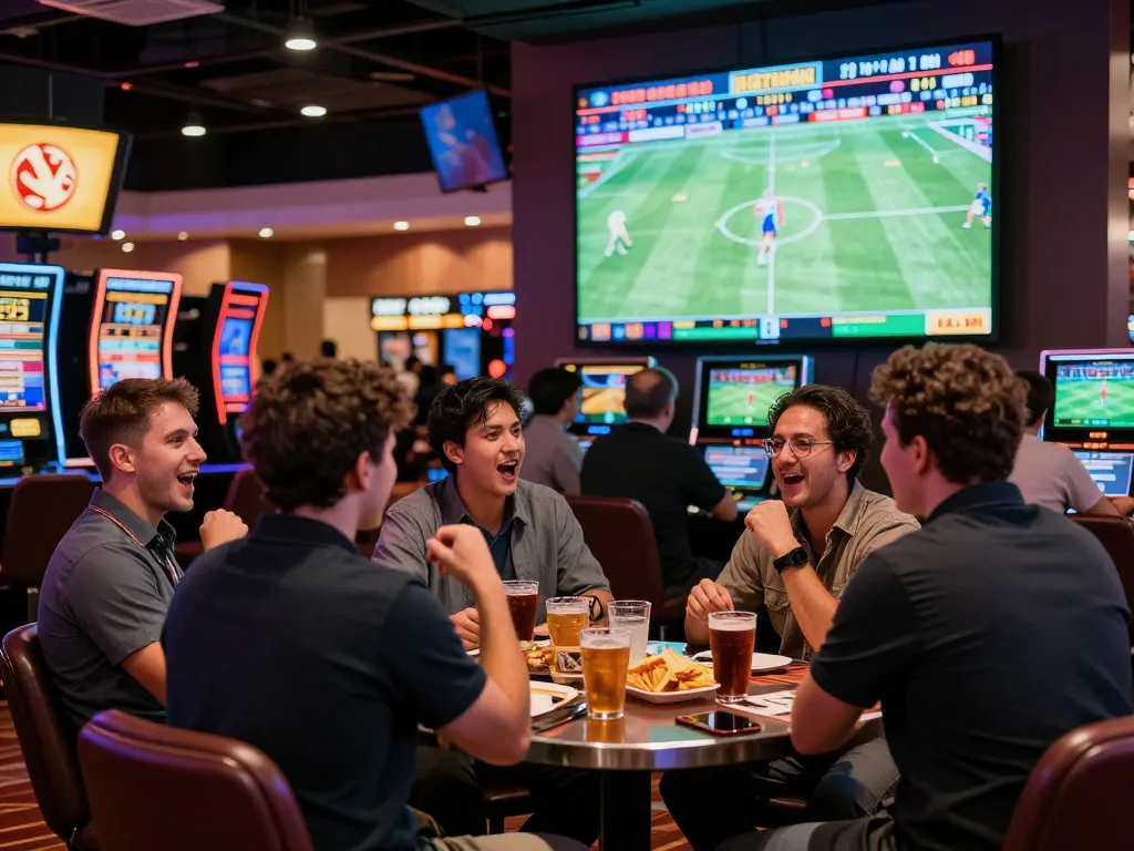 9BET sports betting scene with enthusiastic bettors analyzing odds at a lively sportsbook