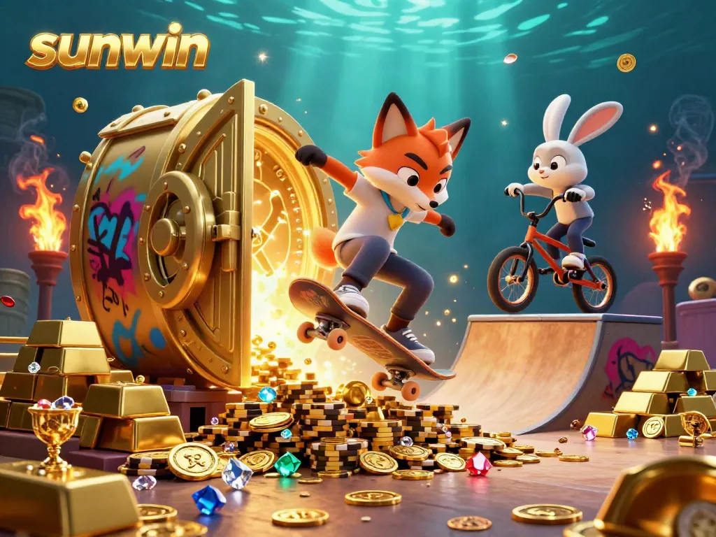 Experience the thrill of sunwin with a cartoon fox performing tricks on poker chips amidst dazzling gold treasures in a vibrant casino world.
