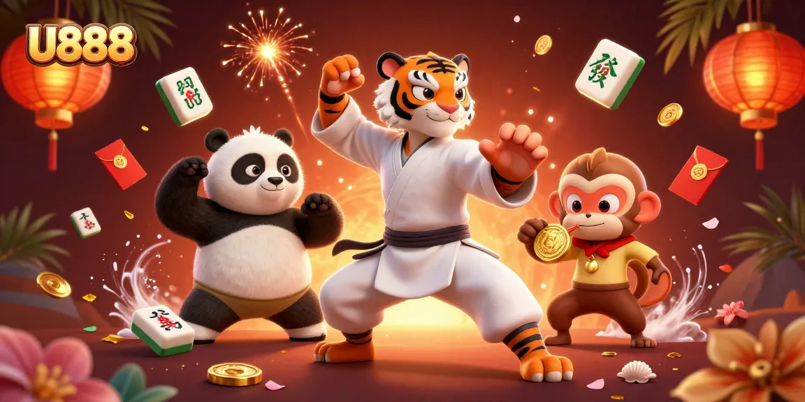 Experience thrilling gameplay with U888 in an ultra-detailed 3D illustration of a kung fu master and friends.