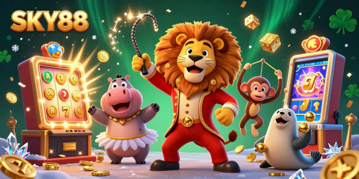 Engage with SKY88's thrilling casino experience featuring vibrant 3D characters, dynamic slot machines, and festive visuals.