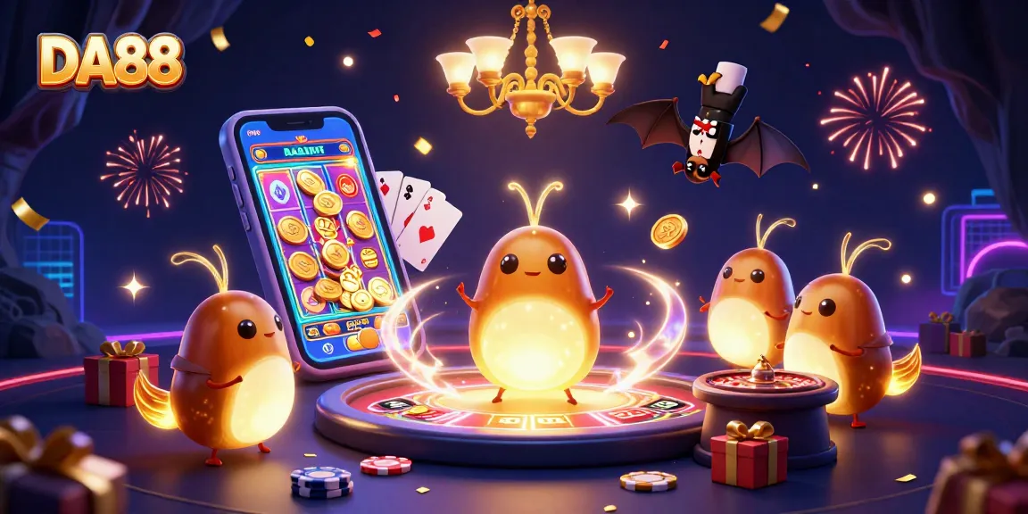 Experience the excitement of DA88 with glowing characters illuminating a vibrant cave casino atmosphere.