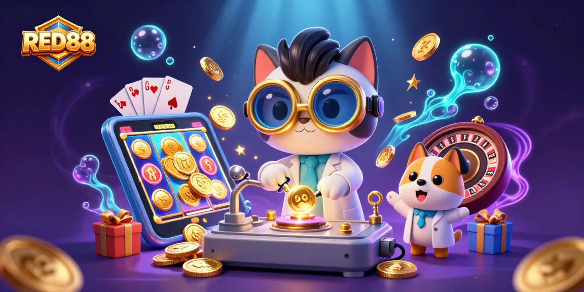 Experience RED88's thrilling gaming scene with a cartoon scientist and dog amidst dynamic casino elements.