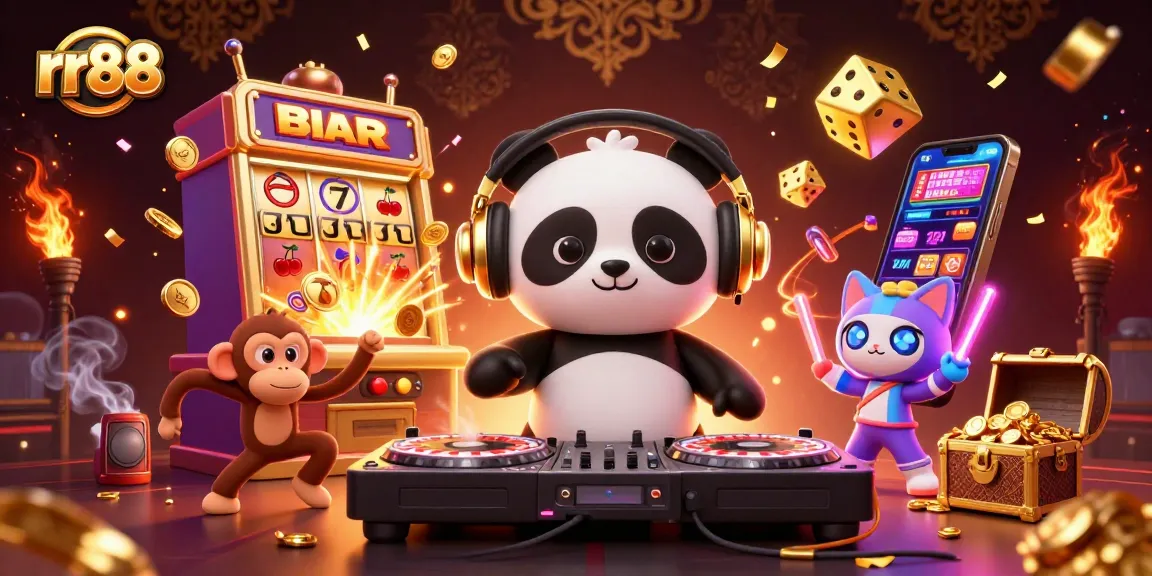 Experience rr88's excitement with a lively DJ panda, dancing monkey, and kitten amidst jackpot visuals.