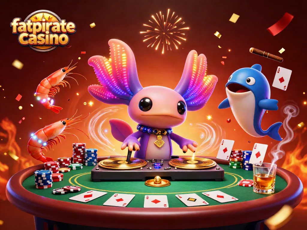 Experience the vibrant atmosphere of fatpirate casino with neon characters and lively poker elements.
