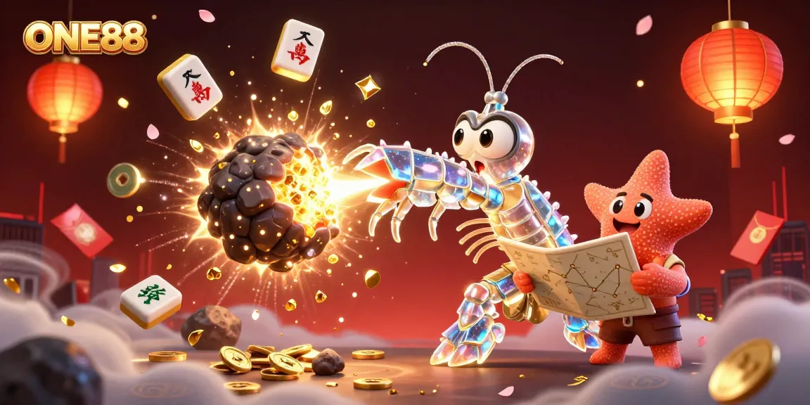 Experience premium gaming with ONE88 through a 3D illustration of a mantis shrimp navigating a vibrant casino scene.