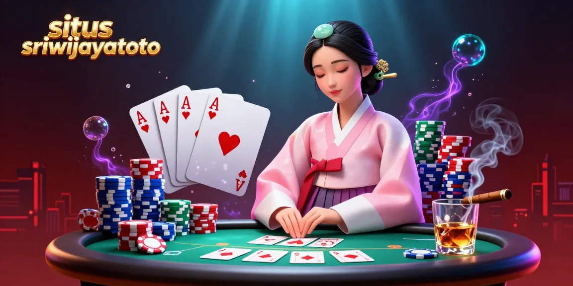 Situs sriwijayatoto showcases a serene elegant Asian woman among vibrant poker elements, enhancing the gambling experience.