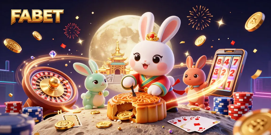 FABET showcases a thrilling gaming scene with a folklore moon rabbit and vibrant casino elements.