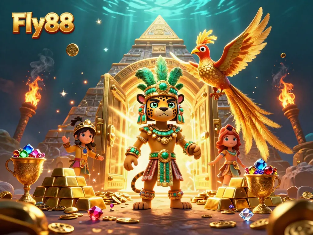 Win big at Fly88 with a vibrant 3D casino scene featuring treasure and interactive games.