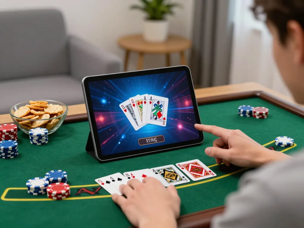 79king player enjoying online blackjack on tablet in a cozy home setting, showcasing strategy and entertainment