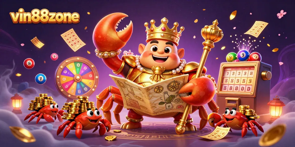 Engage with vin88zone's vibrant gaming scene featuring a golden crab emperor amidst dynamic lottery elements.