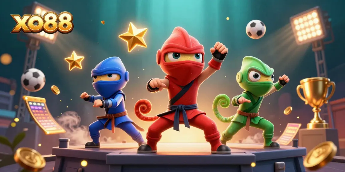 xo88 showcases a dynamic scene with ninja chameleons amidst sports betting elements.