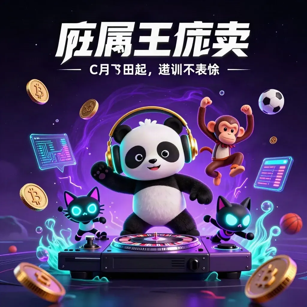 DJ-panda, breakdancende aap en glow-stick kitten met neon crypto-effecten in cyberpunkstijl