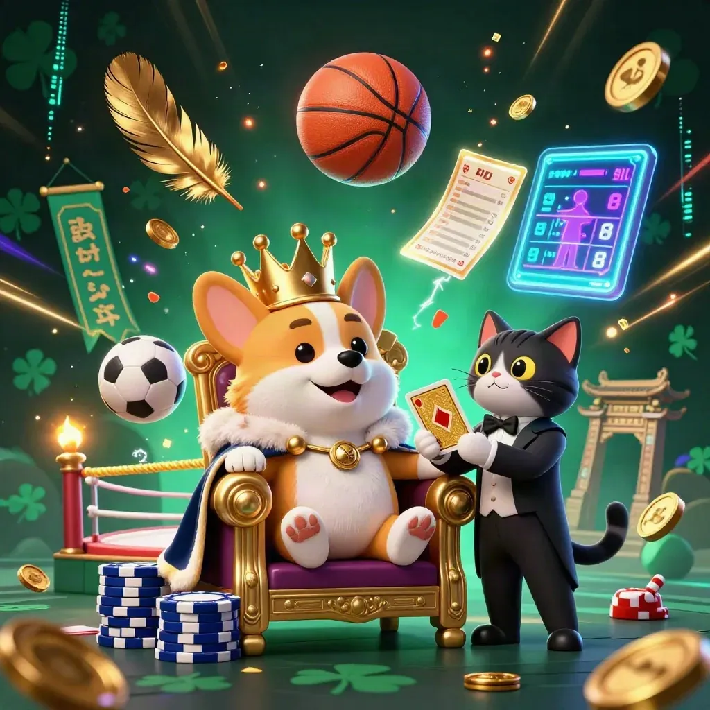 Koninklijke corgi en kattenbutler tussen pokerchips, basketbal, neon en casino-energie.