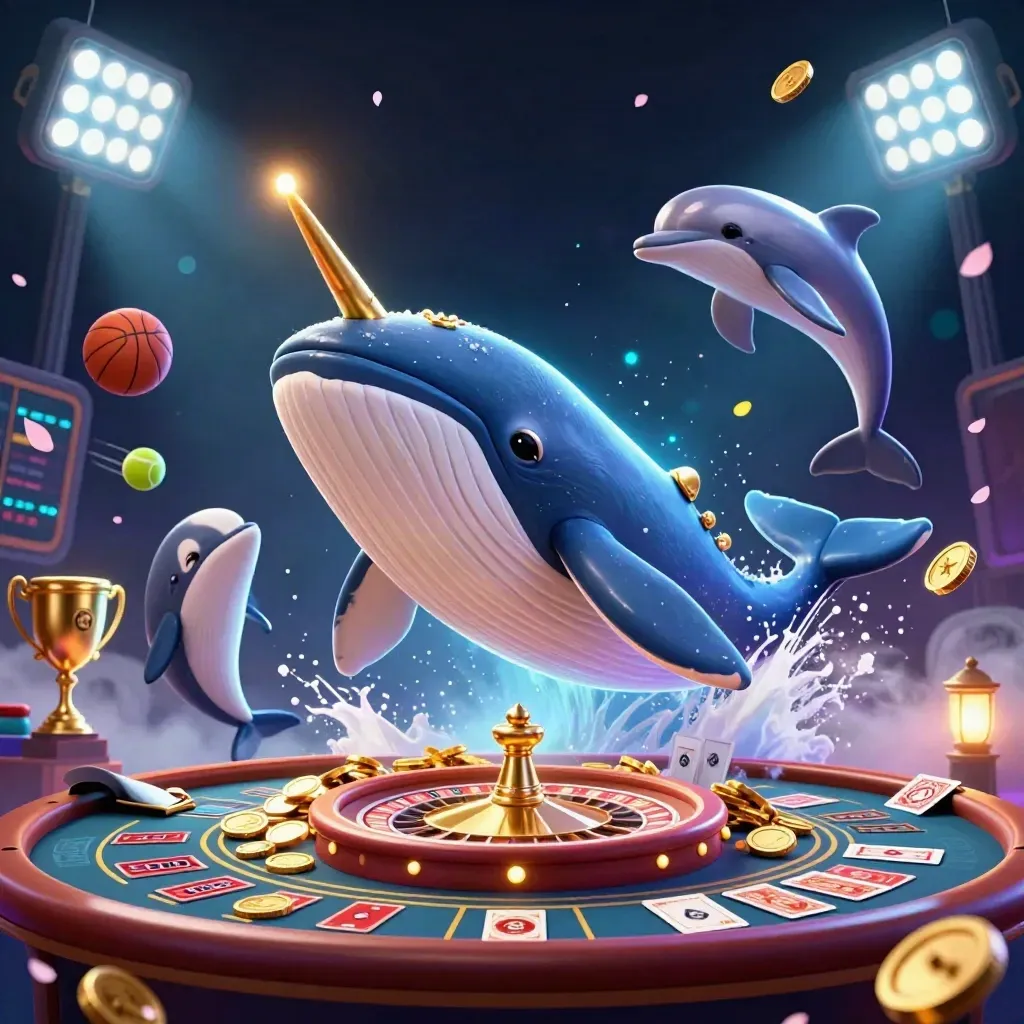 Reuzenwalvis, narwal en dolfijnen in een luxe neon-casino met goud, cyaan en paars.