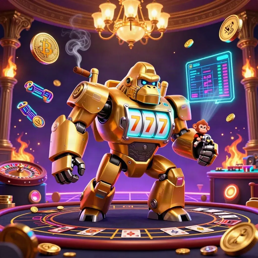 Gouden gorilla-mech met aapje, neon munten en casino-lucht in paars cyaan.