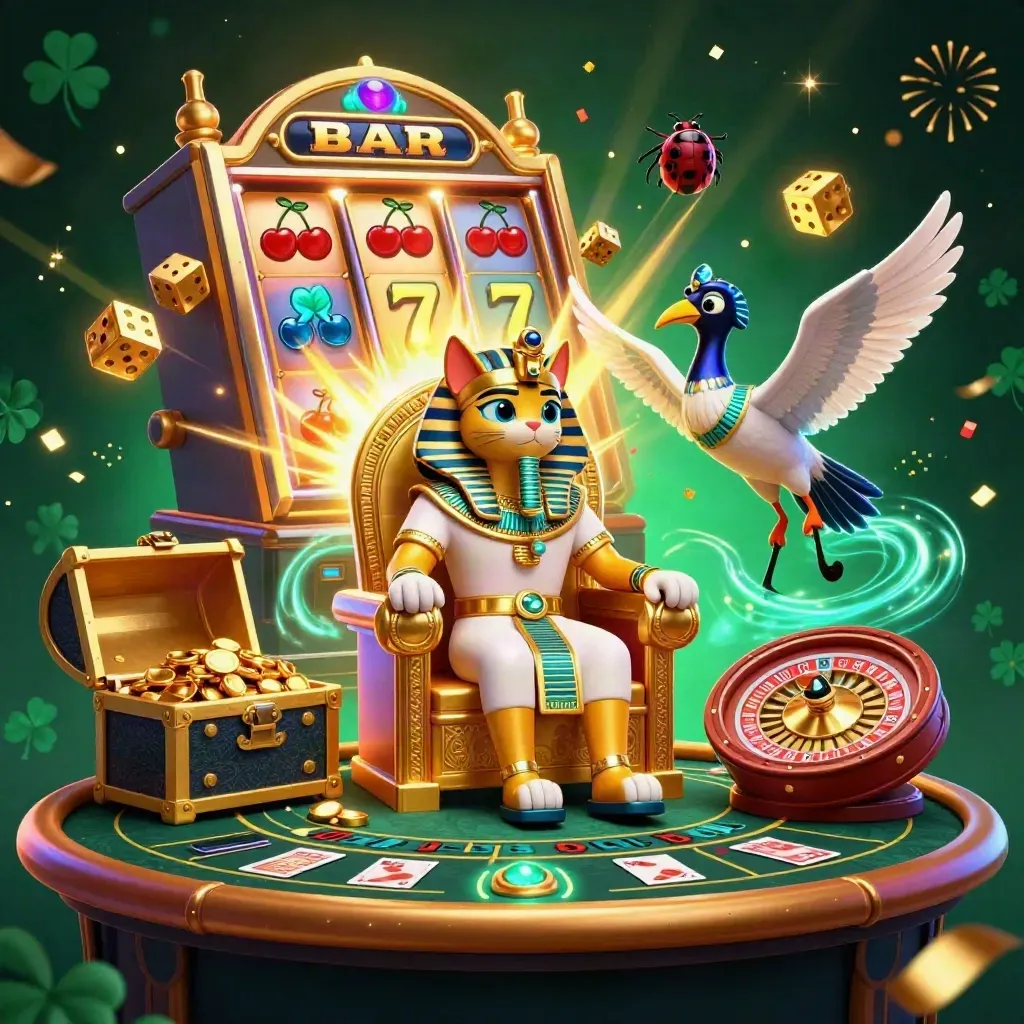 Pharaoh-kat, ibis en scarabs bij slots, roulette en goud in neon casino-luxe.