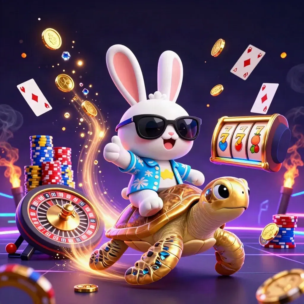 Konijn op gouden zeeschildpad met munten, kaarten en neon-casino-effecten in cyberspace.