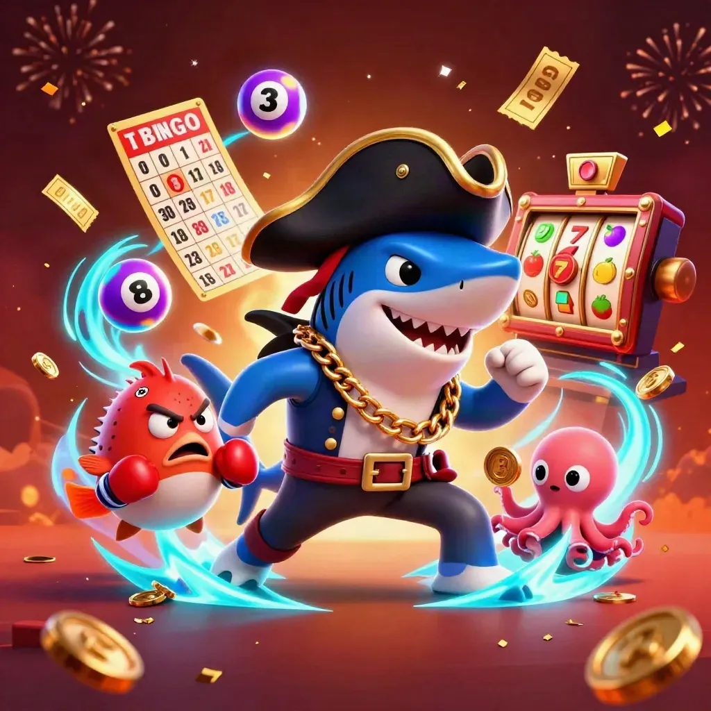 Piraat-haai, bokspuffer en octopus met munten, bingo, tickets en cyan magie.