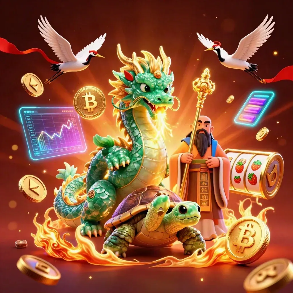 Jade draak, schildpad en kraanvogels met crypto, vuur en neon in een casinoframe