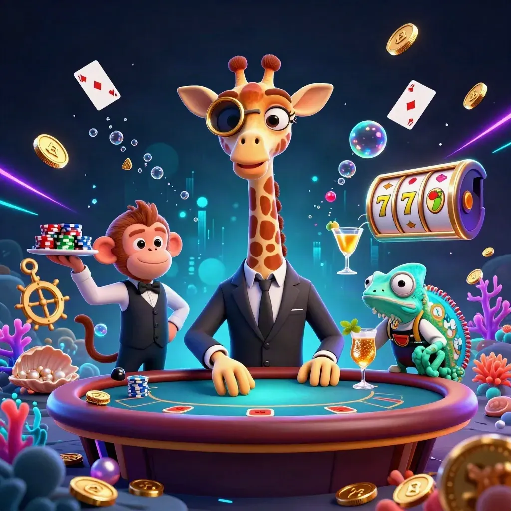 Giraffe, aap en kameleon bij luxe pokertafel in neon onderwater schatkust.