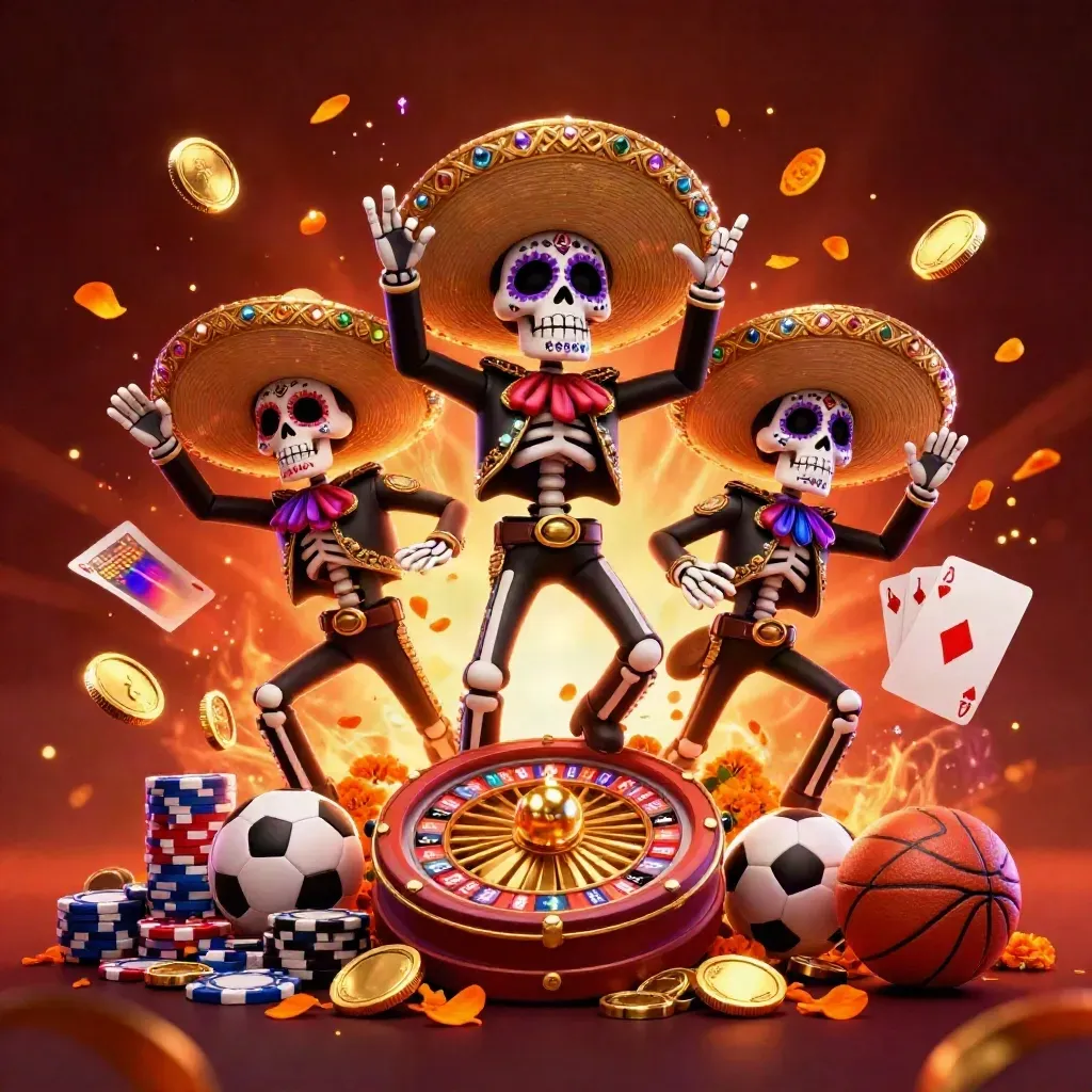 Drie skeletten in mariachi-stijl tussen goud, chips, kaarten en vuurwerk in neonlicht.