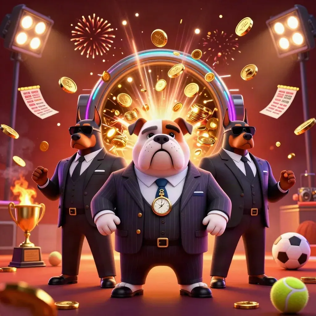 Doberman bodyguards en bulldog-maffiabaas met goud, ballen en vuurwerk in een premium casinoscène.